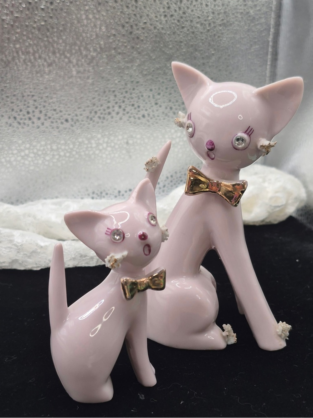 Vintage Kitschy Pink Cats -Retro MCM Spaghetti Cat & Kitten w Rhinestones THAMES